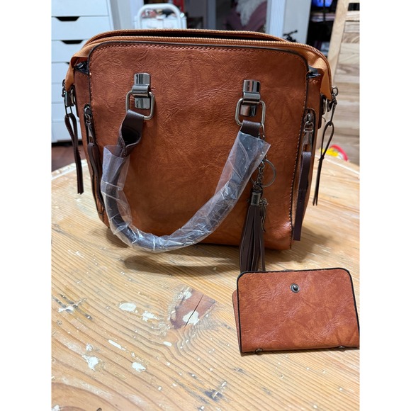 Handbags - Brown Faux Leather Satchel Handbag With Card Holder New